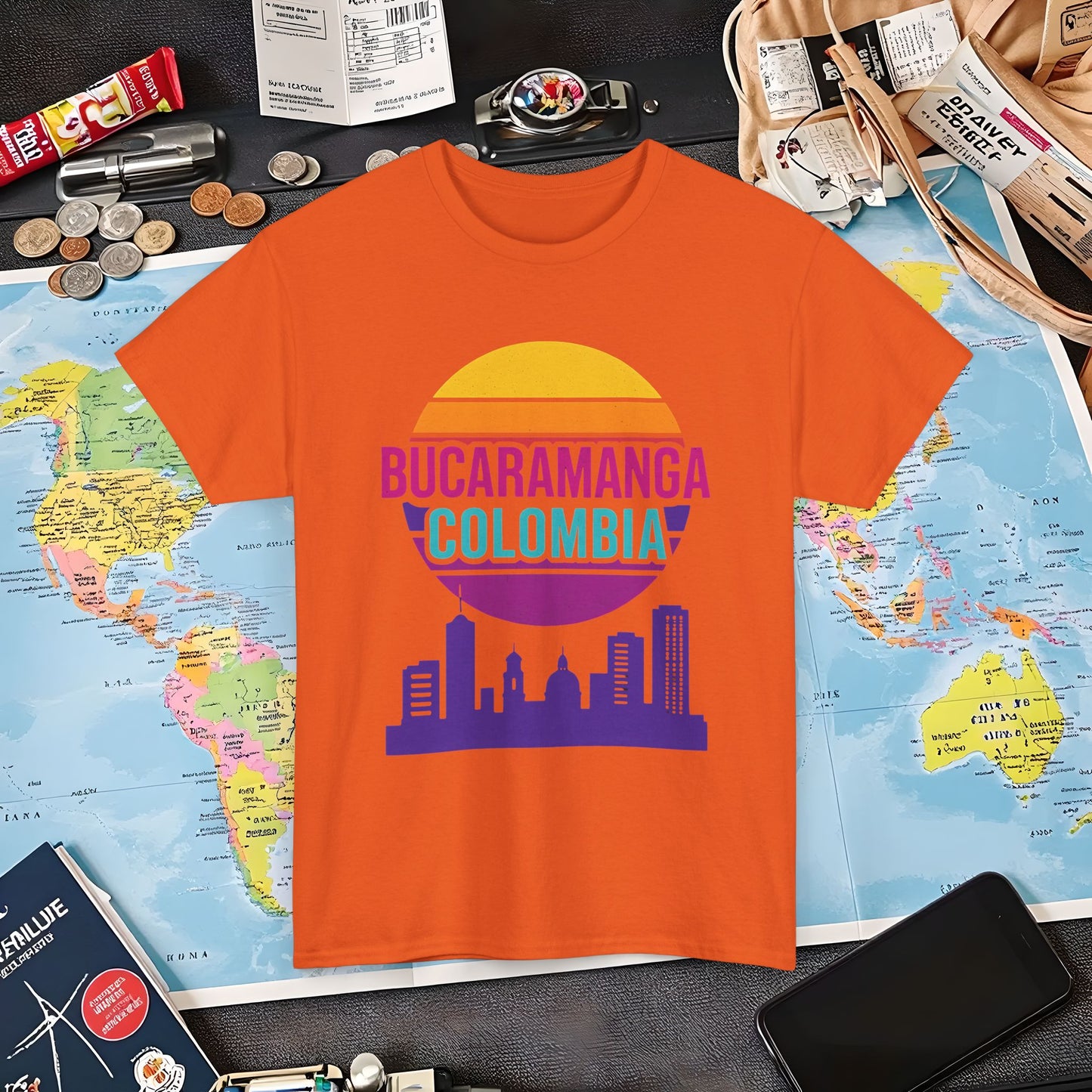 Retro Bucaramanga Skyline Sunset Tee – Vintage Colombia Travel Shirt| Layover Club Air Travel T-Shirts | Jetsetter, Airport, and International Flight Tees