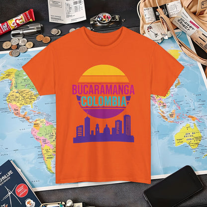 Retro Bucaramanga Skyline Sunset Tee – Vintage Colombia Travel Shirt| Layover Club Air Travel T-Shirts | Jetsetter, Airport, and International Flight Tees