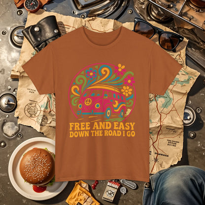 Free and Easy T-Shirt – Retro Hippie Van with Floral Freedom Vibes