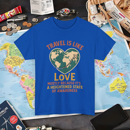 Travel Is Like Love – Heart Map Quote Tee with Airplane Path | Layover Club Air Travel T-Shirts | Jetsetter, Airport, and International Flight Tees