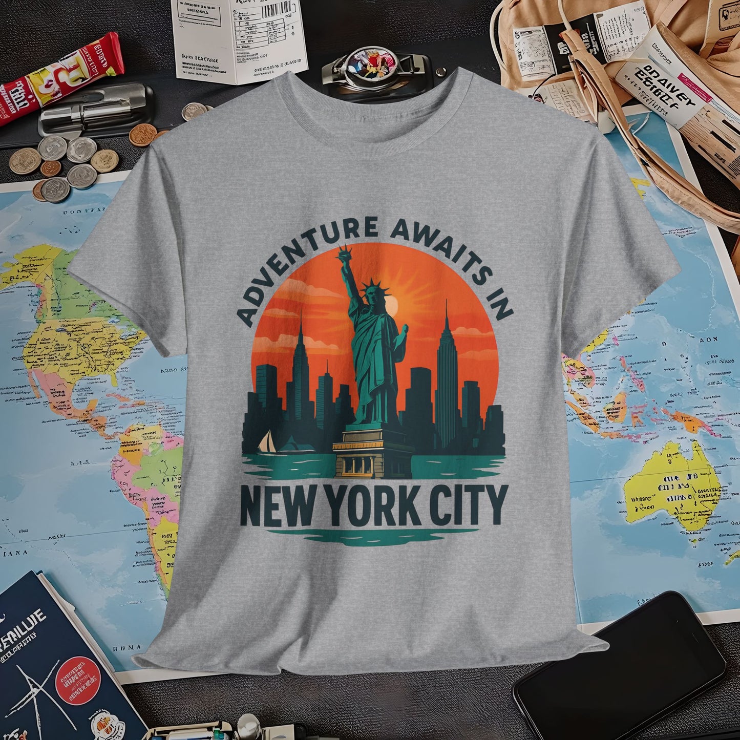 Adventure Awaits in New York City T-Shirt – Sunset Skyline with Statue of Liberty Design Air Travel T-Shirts | Jetsetter, Airport, and International Flight Tees