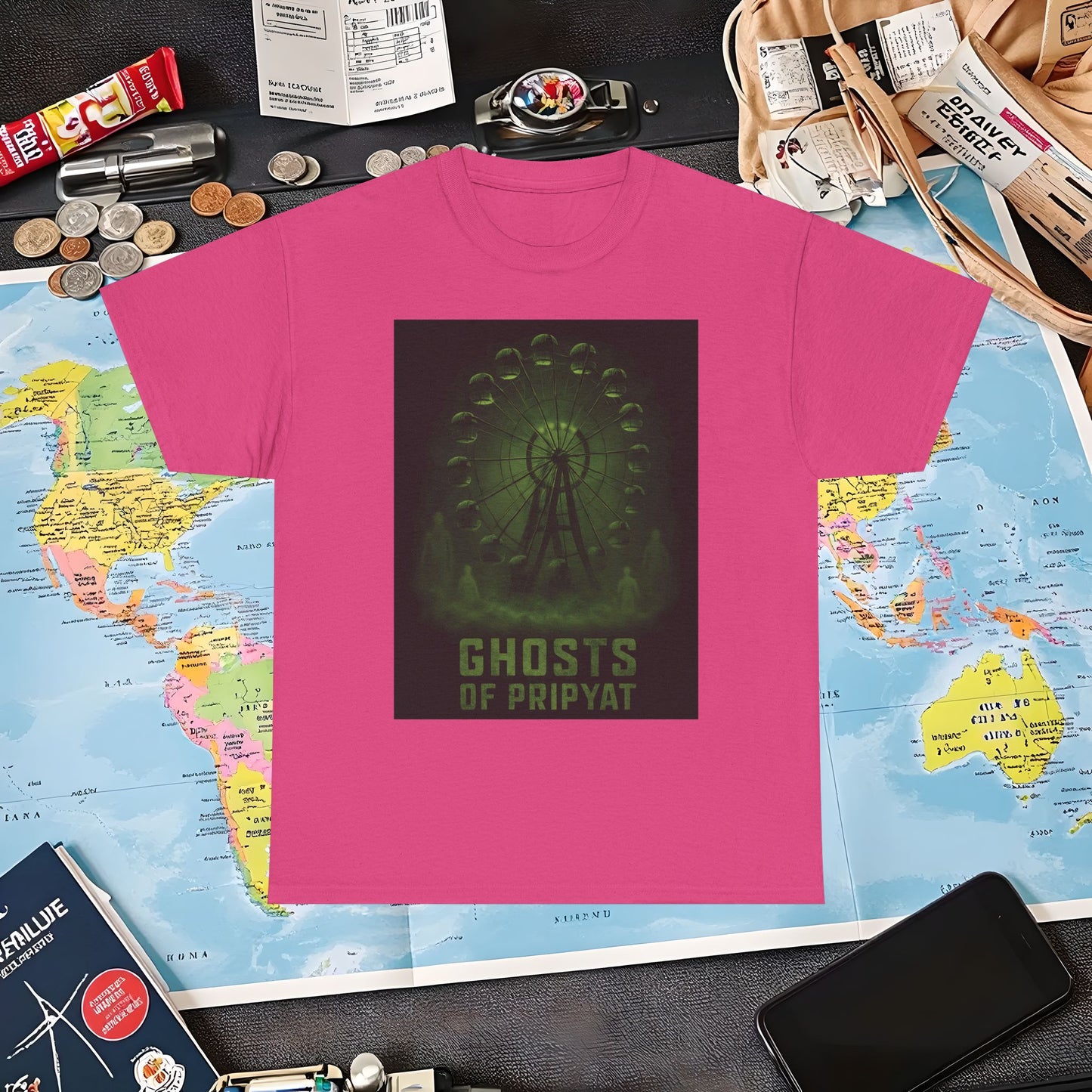 Neon Green Pripyat Ferris Wheel & Ghostly Silhouettes Tee – Chernobyl Dark Tourism Shirt | Layover Club Air Travel T-Shirts | Jetsetter, Airport, and International Flight Tees