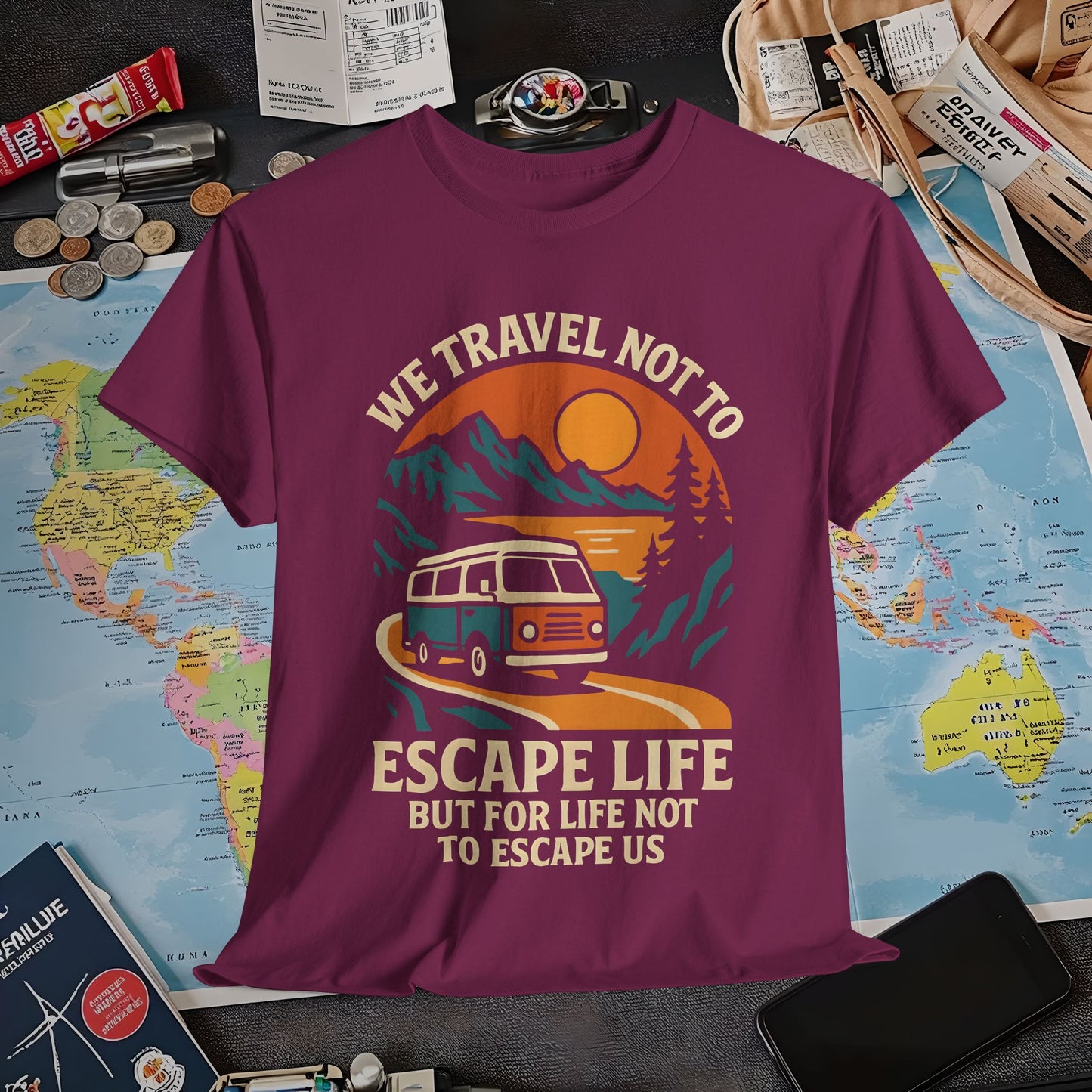 Travel Not to Escape Life – Retro Van & Sunset Road Adventure Tee | Layover Club Air Travel T-Shirts | Jetsetter, Airport, and International Flight Tees