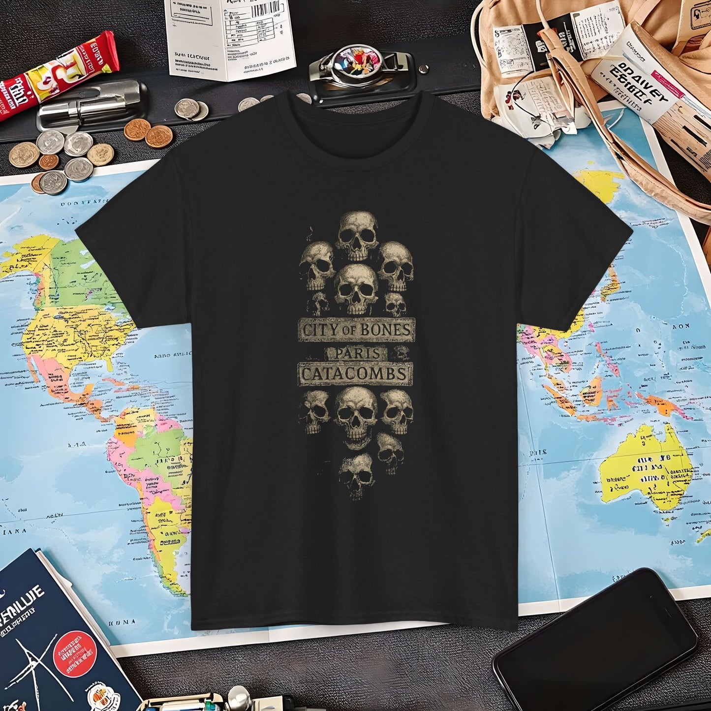 City of Bones Paris Catacombs Skull Wall Shirt – Gothic Haunted Travel Tee | Layover Club Air Travel T-Shirts | Jetsetter, Airport, and International Flight Tees
