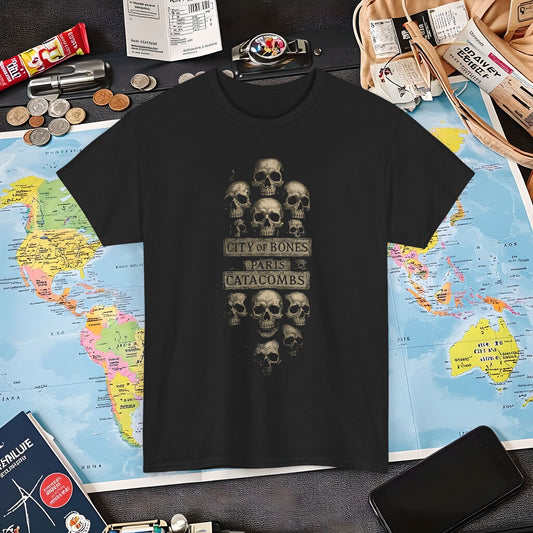 City of Bones Paris Catacombs Skull Wall Shirt – Gothic Haunted Travel Tee | Layover Club Air Travel T-Shirts | Jetsetter, Airport, and International Flight Tees