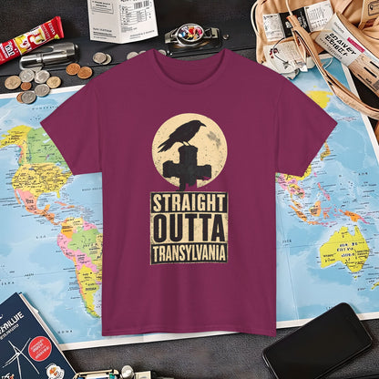 Straight Outta Transylvania Raven Cross Tee – Gothic Travel Romania Shirt | Layover Club Air Travel T-Shirts | Jetsetter, Airport, and International Flight Tees