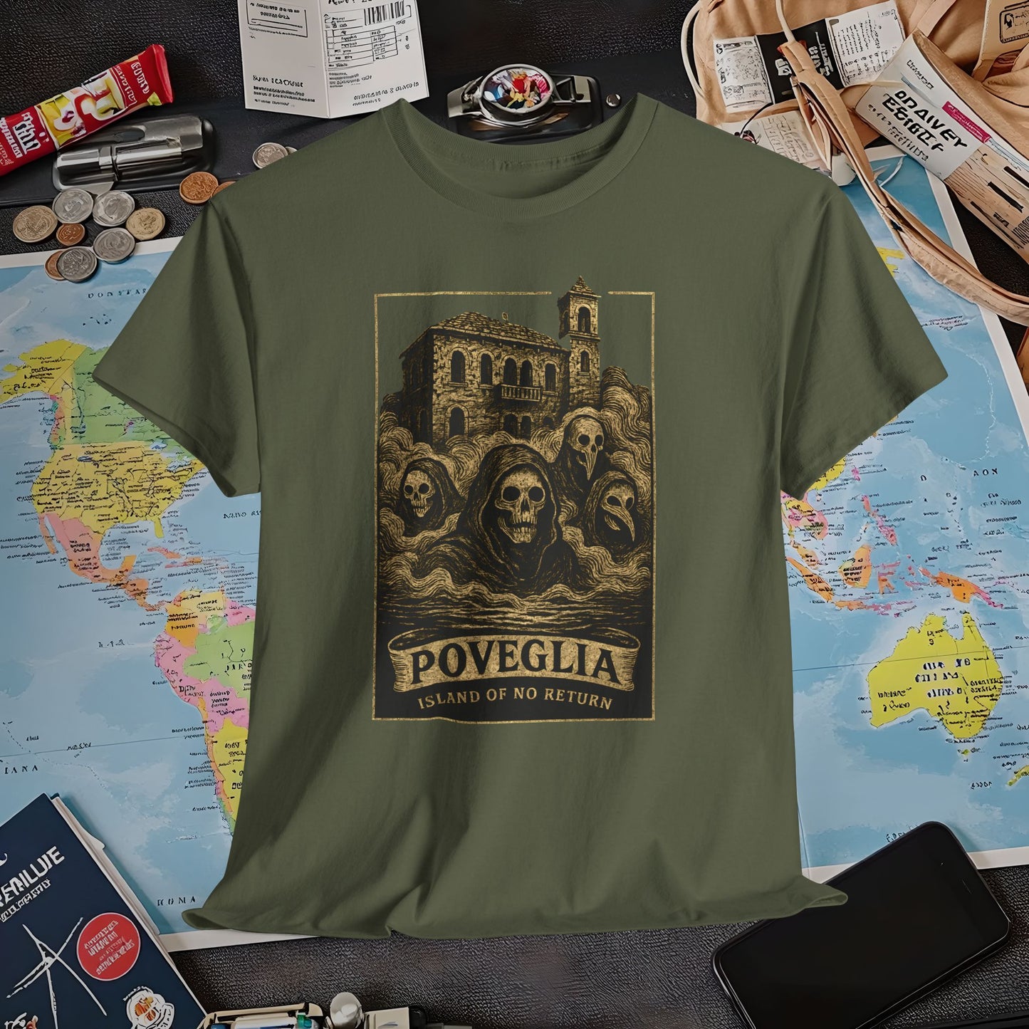 Poveglia Haunt – Ghostly Apparitions in Venetian Fog Tee – Haunted Italy Travel Shirt | Layover Club Air Travel T-Shirts | Jetsetter, Airport, and International Flight Tees