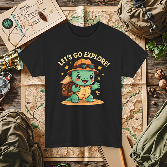 Let’s Go Explore T-Shirt – Cute Turtle Explorer with Travel Gear Design | Camping, Hiking, Rafting & Kayaking Tees for Nature Lovers