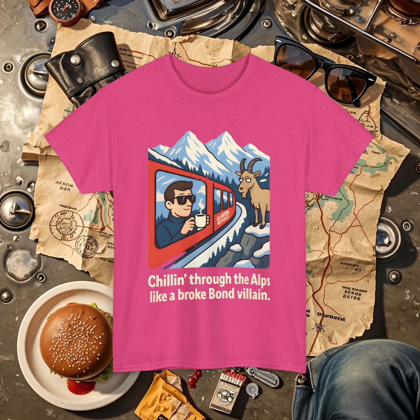 Glacier Express Chill Tee – Skeptical Goat in the Alps Vibe Road Trip & Vehicle Travel T-Shirts | Car, RV, and Motorcycle Adventure Tees