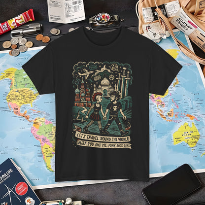 Let’s Travel 'Round the World, Just You and Me – Punk Rock Girl Global Adventure Tee Air Travel T-Shirts | Jetsetter, Airport, and International Flight Tees