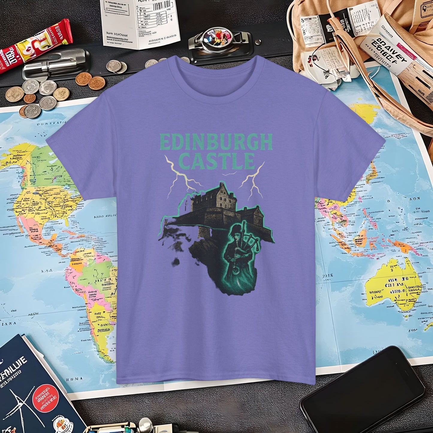 Ghostly Edinburgh Castle & Spectral Bagpiper Tee – Haunted Scotland Dark Tourism Shirt | Layover Club Air Travel T-Shirts | Jetsetter, Airport, and International Flight Tees
