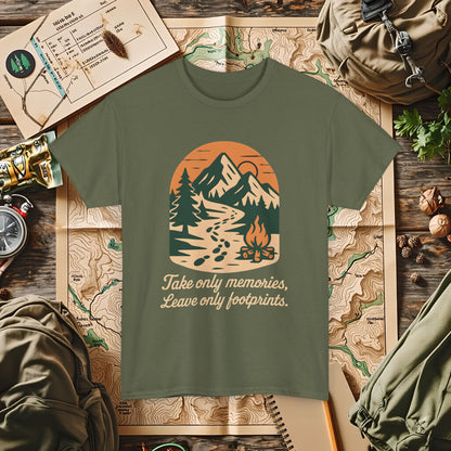 Take Only Memories, Leave Only Footprints — Sunset Mountain Trail Adventure Badge T-Shirt | Camping, Hiking, Rafting & Kayaking Tees for Nature Lovers