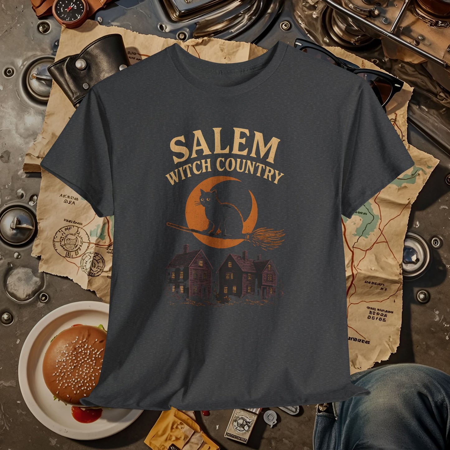 Salem Witch Country Black Cat & Moon Graphic Tee – Gothic Massachusetts Travel Shirt | Car, RV, and Motorcycle Adventure Tees
