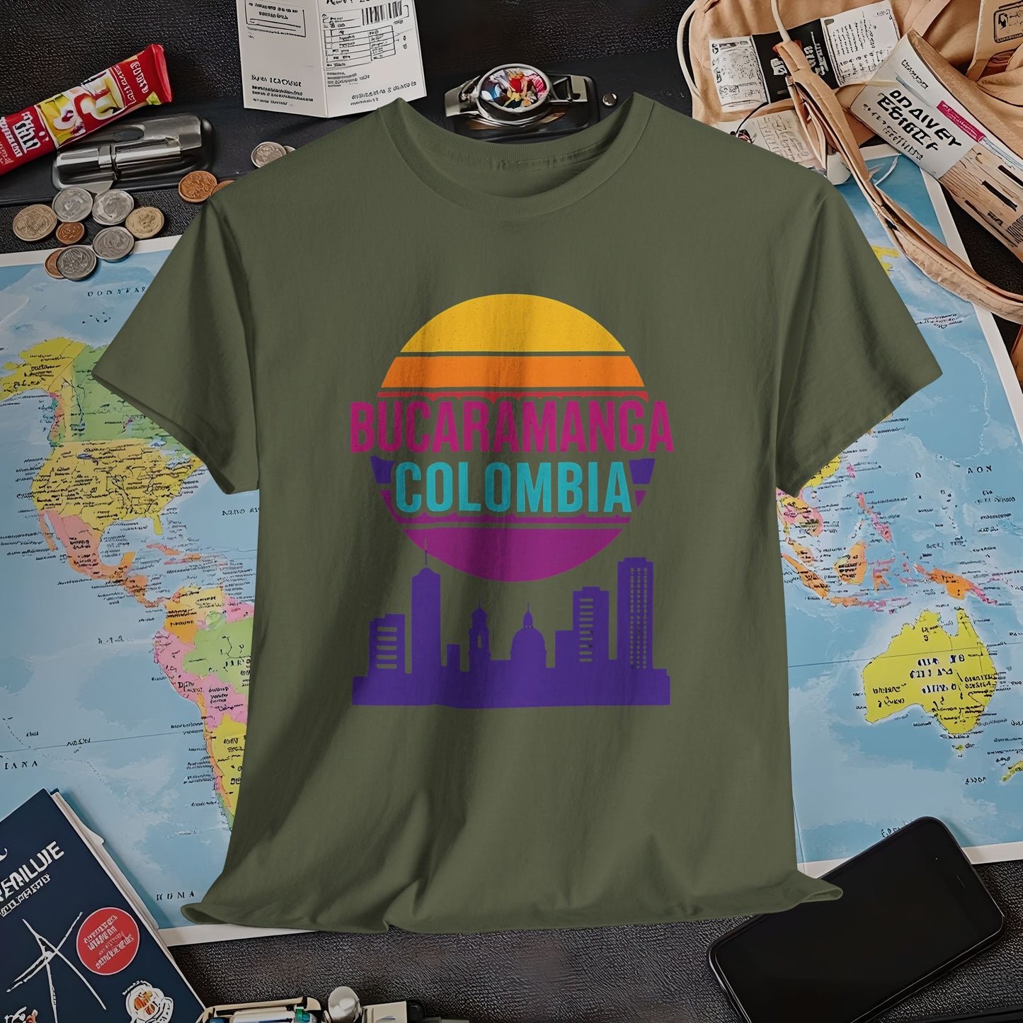 Retro Bucaramanga Skyline Sunset Tee – Vintage Colombia Travel Shirt| Layover Club Air Travel T-Shirts | Jetsetter, Airport, and International Flight Tees