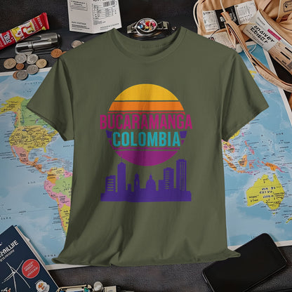 Retro Bucaramanga Skyline Sunset Tee – Vintage Colombia Travel Shirt| Layover Club Air Travel T-Shirts | Jetsetter, Airport, and International Flight Tees