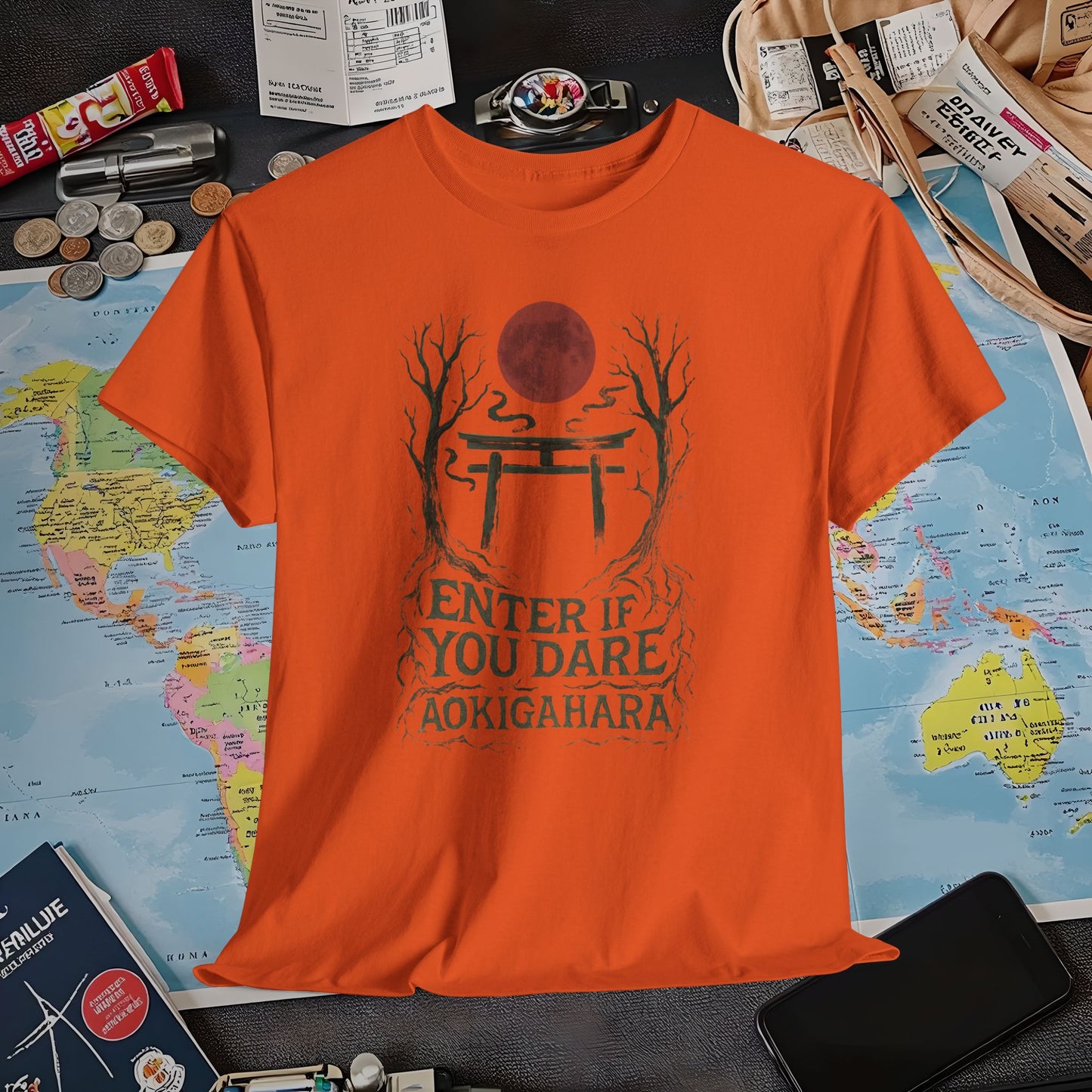 Aokigahara Torii Path Under Blood Moon Tee | Layover Club Air Travel T-Shirts | Jetsetter, Airport, and International Flight Tees