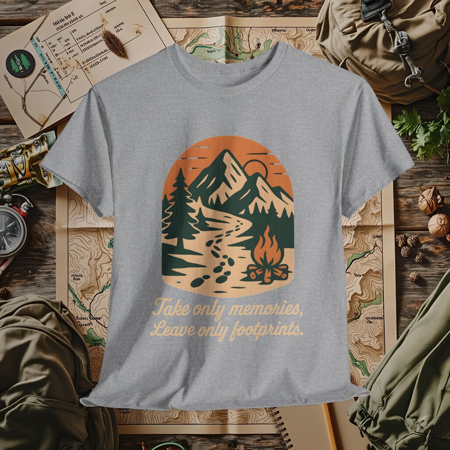 Take Only Memories, Leave Only Footprints — Sunset Mountain Trail Adventure Badge T-Shirt | Camping, Hiking, Rafting & Kayaking Tees for Nature Lovers
