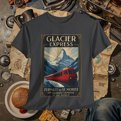 Glacier Express – Art Deco Alpine Train Adventure Tee Road Trip & Vehicle Travel T-Shirts | Car, RV, and Motorcycle Adventure Tees