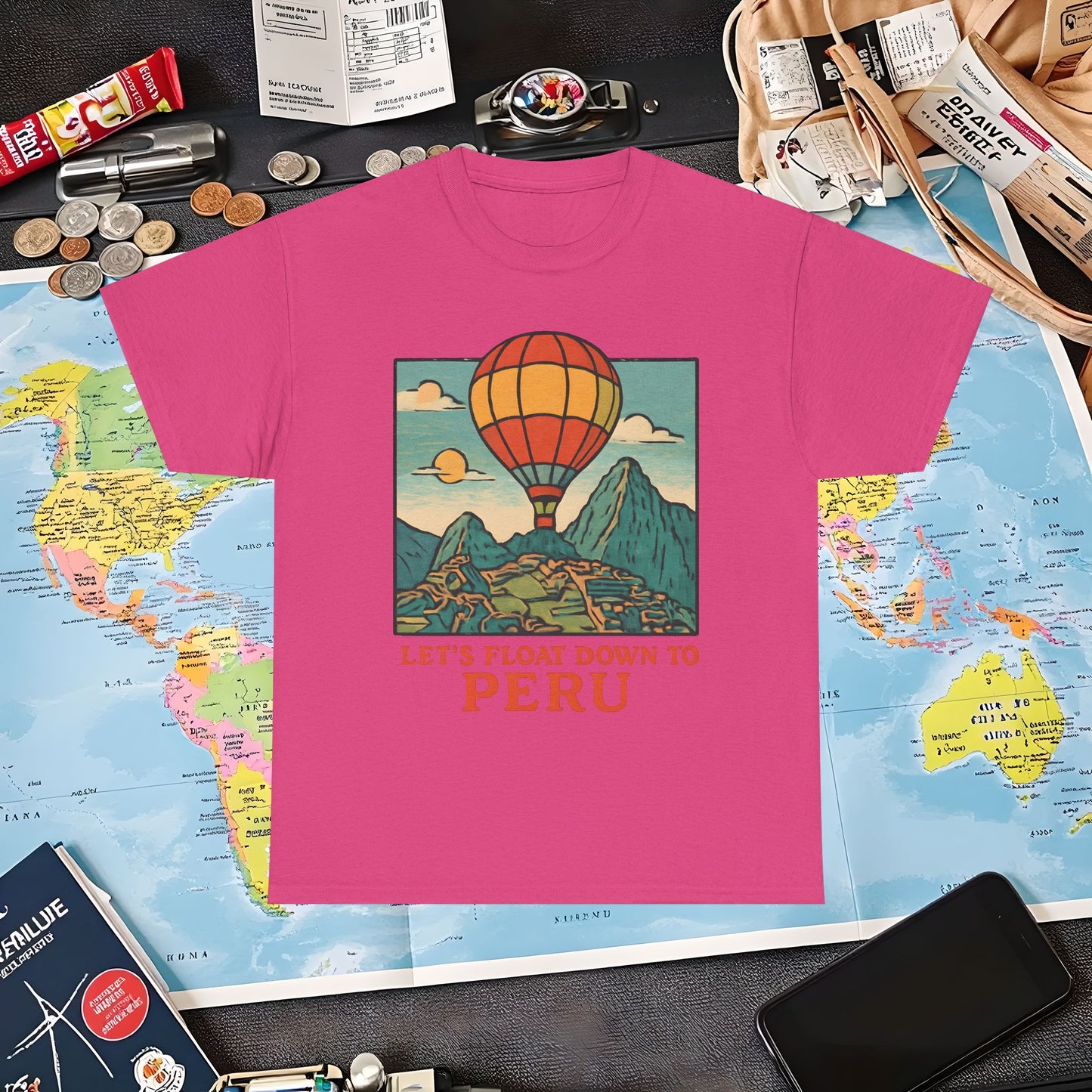 Let’s Float Down to Peru T-Shirt – Vintage Hot-Air Balloon Over Machu Picchu Design Air Travel T-Shirts | Jetsetter, Airport, and International Flight Tees