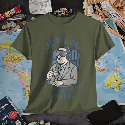 Jet Lag Is My Favorite Drug – Vintage Espresso & Travel Vibes Tee Air Travel T-Shirts | Jetsetter, Airport, and International Flight Tees