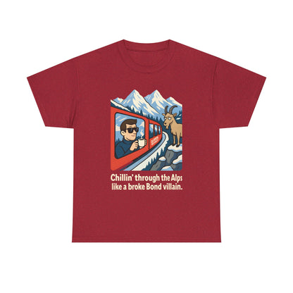 Glacier Express Chill Tee – Skeptical Goat in the Alps Vibe Road Trip & Vehicle Travel T-Shirts | Car, RV, and Motorcycle Adventure Tees