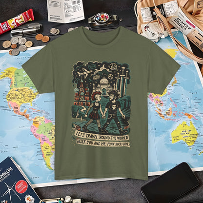 Let’s Travel 'Round the World, Just You and Me – Punk Rock Girl Global Adventure Tee Air Travel T-Shirts | Jetsetter, Airport, and International Flight Tees