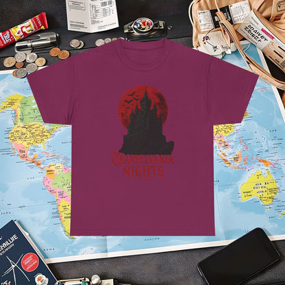 Transylvania Nights Tee – Gothic Castle Under Crimson Moon | Layover Club Air Travel T-Shirts | Jetsetter, Airport, and International Flight Tees