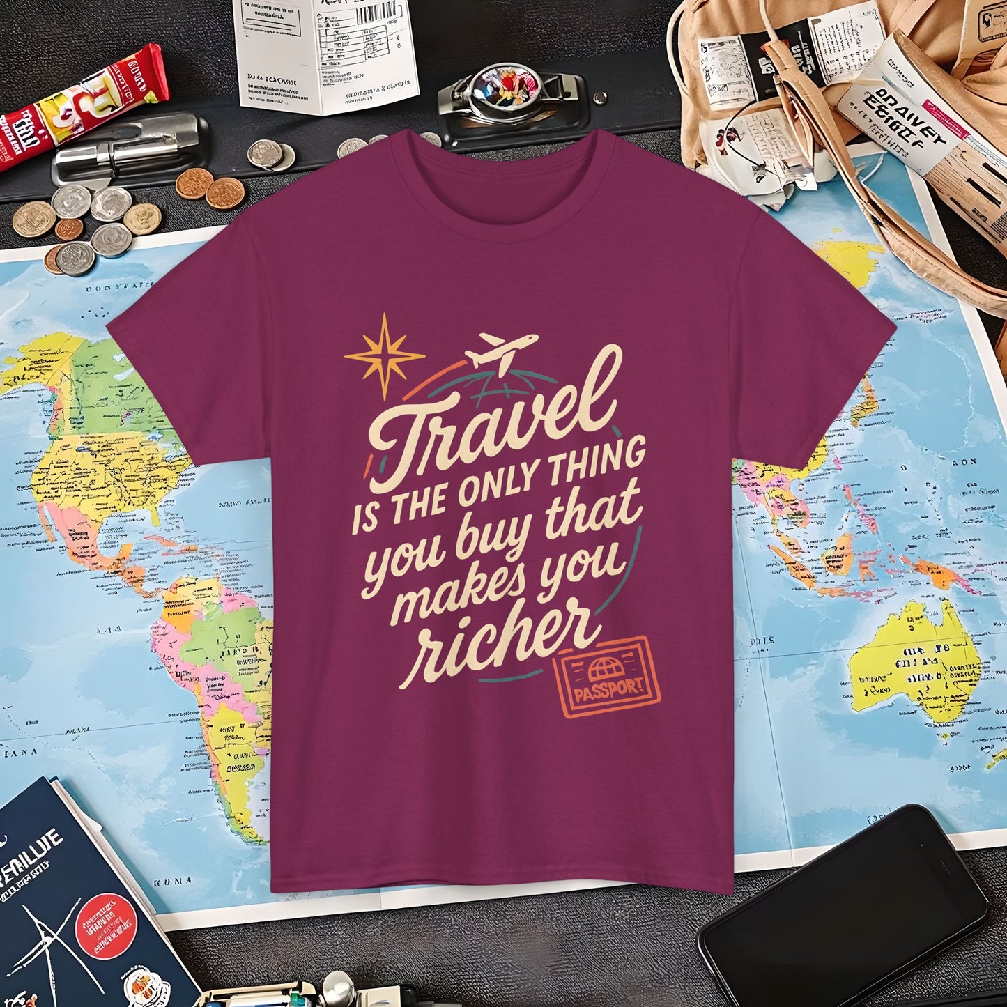 Travel Makes You Richer Tee – Vintage Globe & Airplane Quote Shirt Air Travel T-Shirts | Jetsetter, Airport, and International Flight Tees