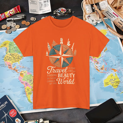 Travel Is the Art of Finding Beauty – Vintage Compass Rose & World Landmark Tee | Layover Club Air Travel T-Shirts | Jetsetter, Airport, and International Flight Tees
