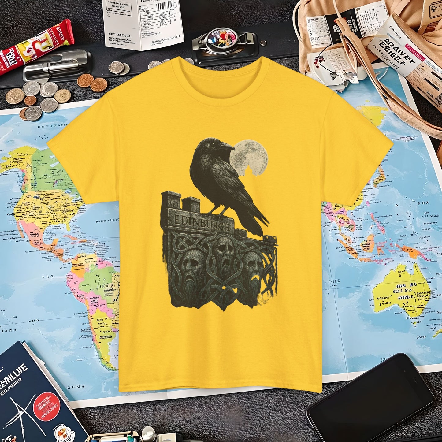 Gothic Crow on Edinburgh’s Haunted Battlements Tee – Dark Tourism Scotland Shirt | Layover Club Air Travel T-Shirts | Jetsetter, Airport, and International Flight Tees