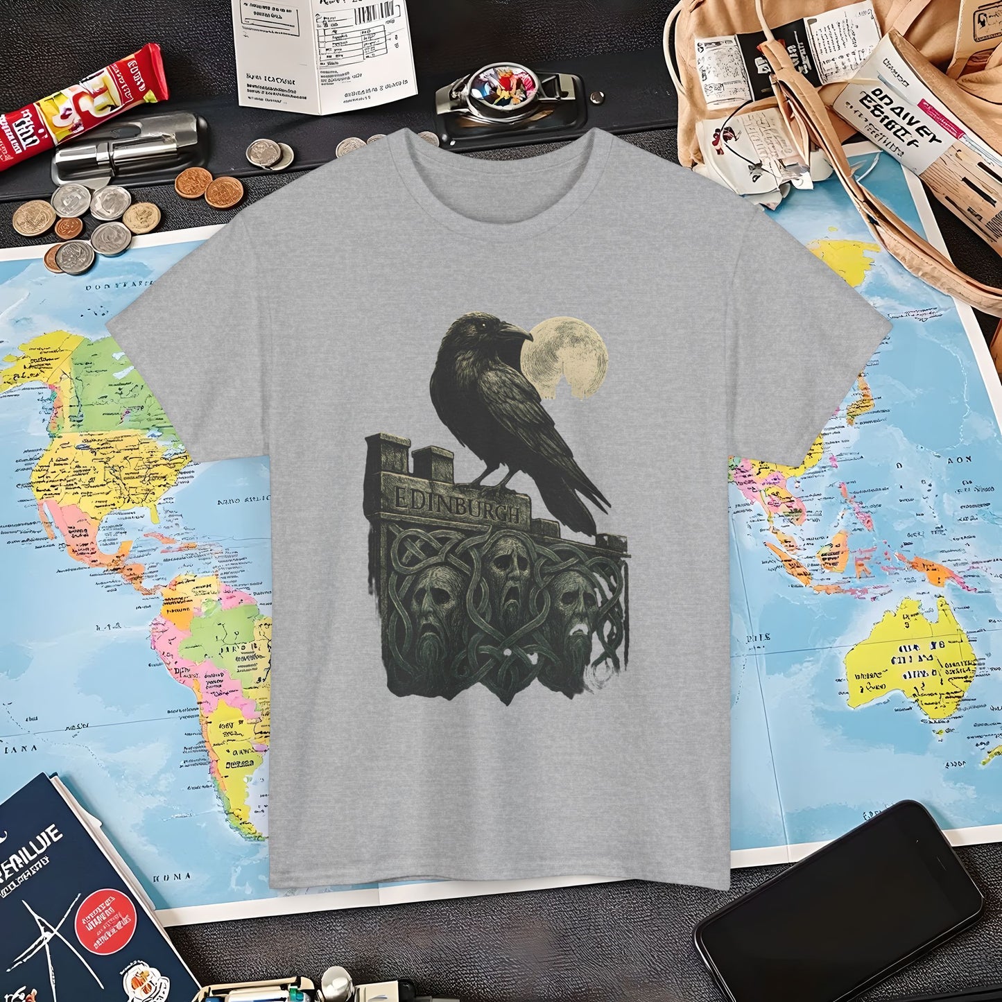 Gothic Crow on Edinburgh’s Haunted Battlements Tee – Dark Tourism Scotland Shirt | Layover Club Air Travel T-Shirts | Jetsetter, Airport, and International Flight Tees