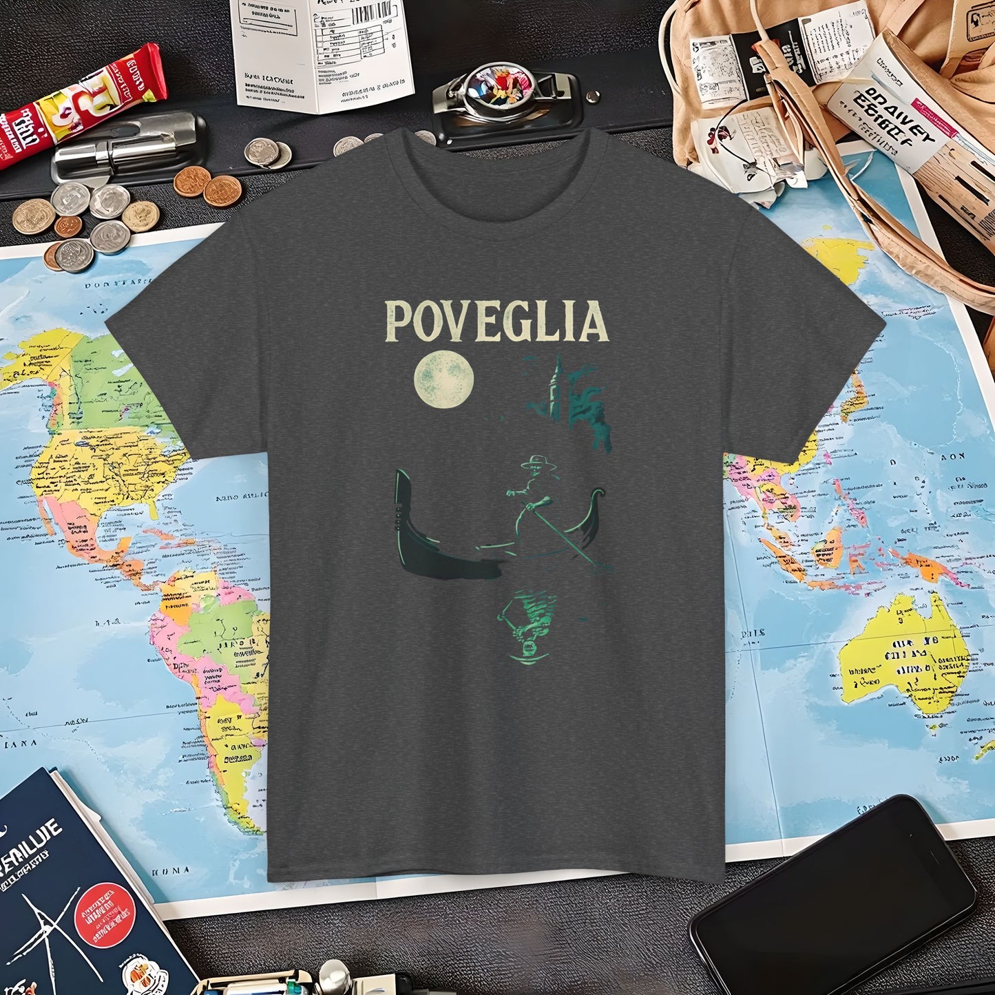 Phosphorescent Gondolier on Haunted Poveglia Tee – Ghostly Venice Dark Tourism Shirt | Layover Club Air Travel T-Shirts | Jetsetter, Airport, and International Flight Tees