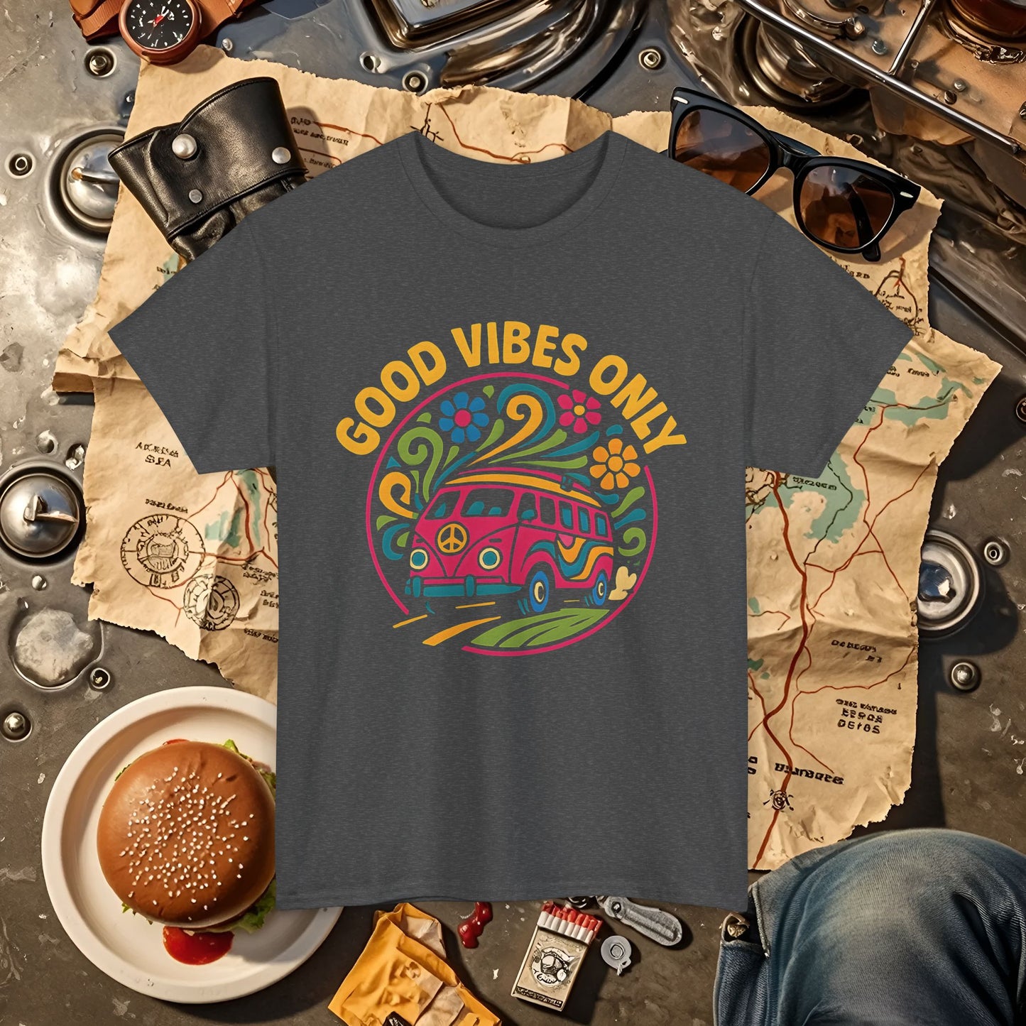 Good Vibes Only T-Shirt – Retro Hippie Van with 70s-Inspired Positivity Road Trip & Vehicle Travel T-Shirts | Car, RV, and Motorcycle Adventure Tees