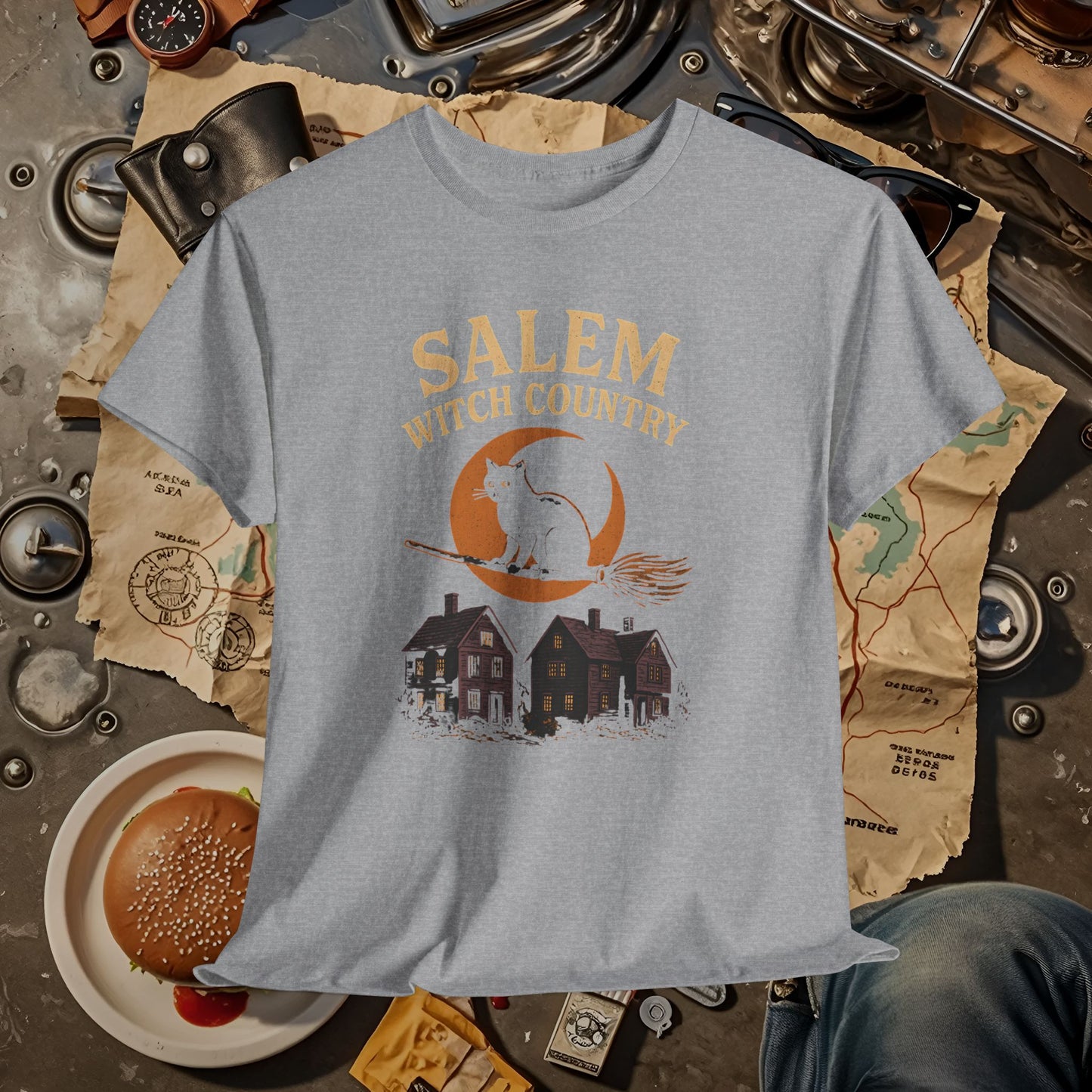 Salem Witch Country Black Cat & Moon Graphic Tee – Gothic Massachusetts Travel Shirt | Car, RV, and Motorcycle Adventure Tees