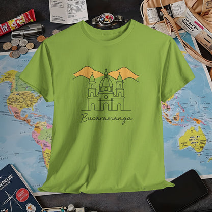 Bucaramanga Cathedral with Andes Silhouette – Vintage Colombia Travel Tee | Layover Club Air Travel T-Shirts | Jetsetter, Airport, and International Flight Tees