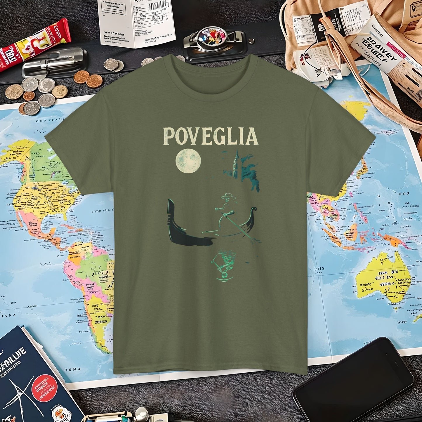 Phosphorescent Gondolier on Haunted Poveglia Tee – Ghostly Venice Dark Tourism Shirt | Layover Club Air Travel T-Shirts | Jetsetter, Airport, and International Flight Tees
