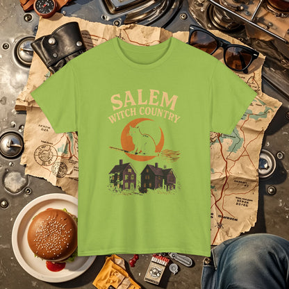Salem Witch Country Black Cat & Moon Graphic Tee – Gothic Massachusetts Travel Shirt | Car, RV, and Motorcycle Adventure Tees
