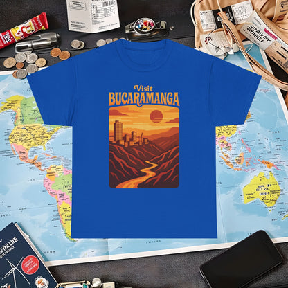 Retro Bucaramanga Skyline & Chicamocha Canyon Sunset – Vintage Colombia Travel Tee | Layover Club Air Travel T-Shirts | Jetsetter, Airport, and International Flight Tees