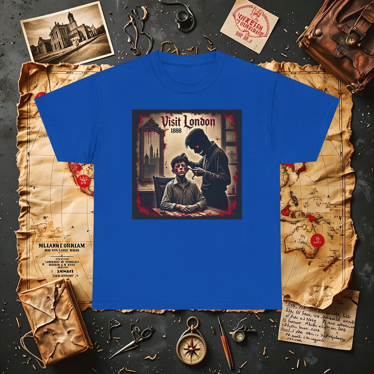 Visit London 1888 T-Shirt – Victorian Horror with Jack the Ripper and Evil Barber Art