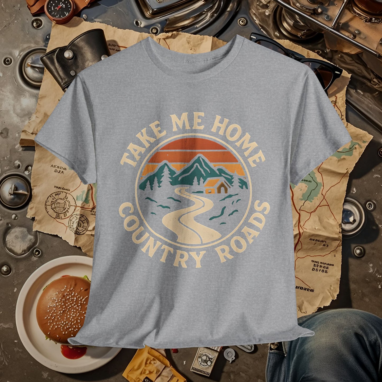 Take Me Home Country Roads T-Shirt – Retro Mountain Road to Cozy Cabin Design Road Trip & Vehicle Travel T-Shirts | Car, RV, and Motorcycle Adventure Tees