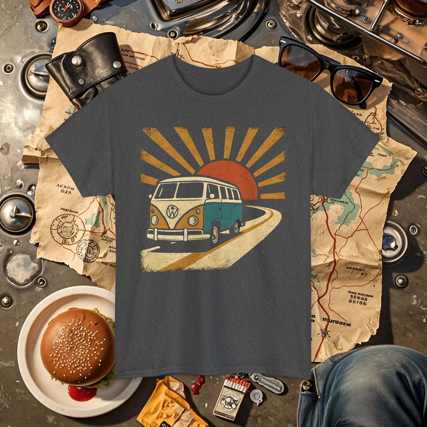 Sunset Road Trip T-Shirt – Vintage VW Van Adventure Design