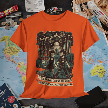 Let’s Travel 'Round the World, Just You and Me – Punk Rock Girl Global Adventure Tee Air Travel T-Shirts | Jetsetter, Airport, and International Flight Tees