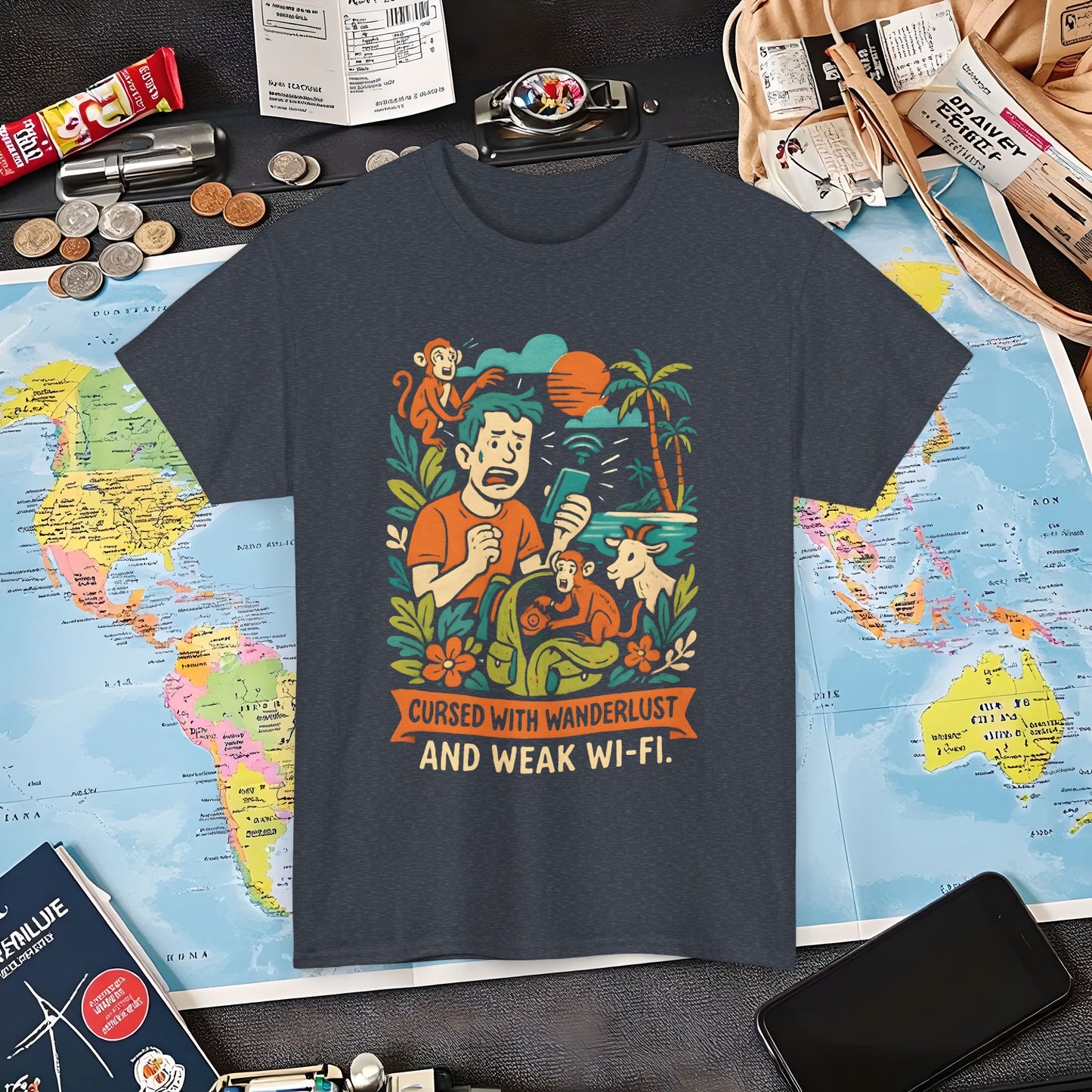 Cursed with Wanderlust and Weak Wi-Fi – Funny Tropical Traveler Frustration Tee Travel T-Shirts | Jetsetter, Airport, and International Flight Tees
