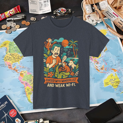 Cursed with Wanderlust and Weak Wi-Fi – Funny Tropical Traveler Frustration Tee Travel T-Shirts | Jetsetter, Airport, and International Flight Tees