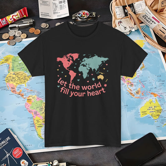 Let the World Fill Your Heart T-Shirt – World Map Adventure Design Air Travel T-Shirts | Jetsetter, Airport, and International Flight Tees