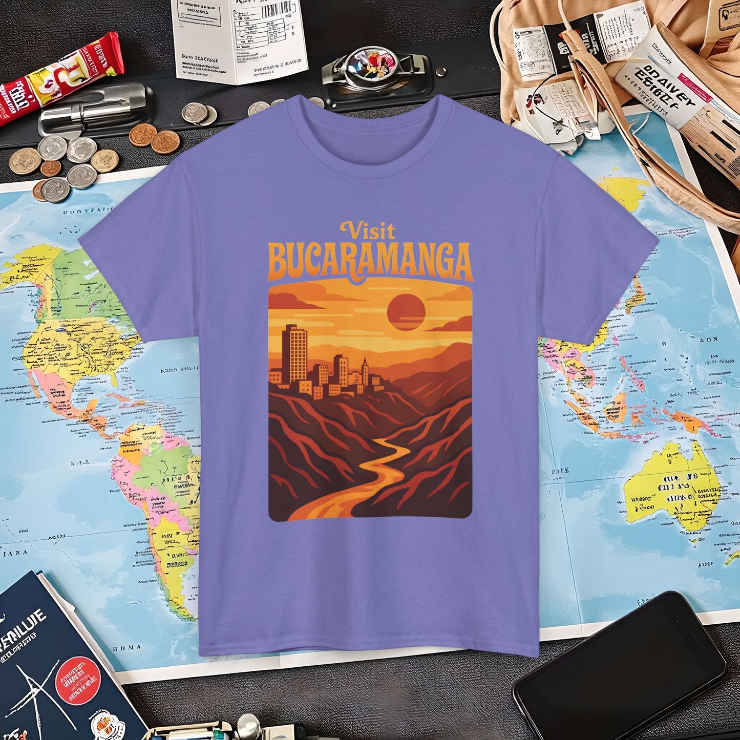 Retro Bucaramanga Skyline & Chicamocha Canyon Sunset – Vintage Colombia Travel Tee | Layover Club Air Travel T-Shirts | Jetsetter, Airport, and International Flight Tees