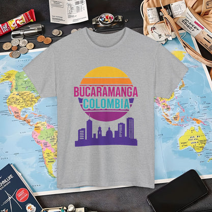 Retro Bucaramanga Skyline Sunset Tee – Vintage Colombia Travel Shirt| Layover Club Air Travel T-Shirts | Jetsetter, Airport, and International Flight Tees