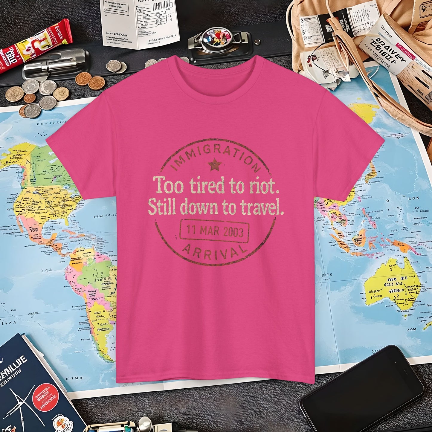 Too Tired to Riot, Still Down to Travel – Vintage Passport Stamp Travel Quote Tee Air Travel T-Shirts | Jetsetter, Airport, and International Flight Tees