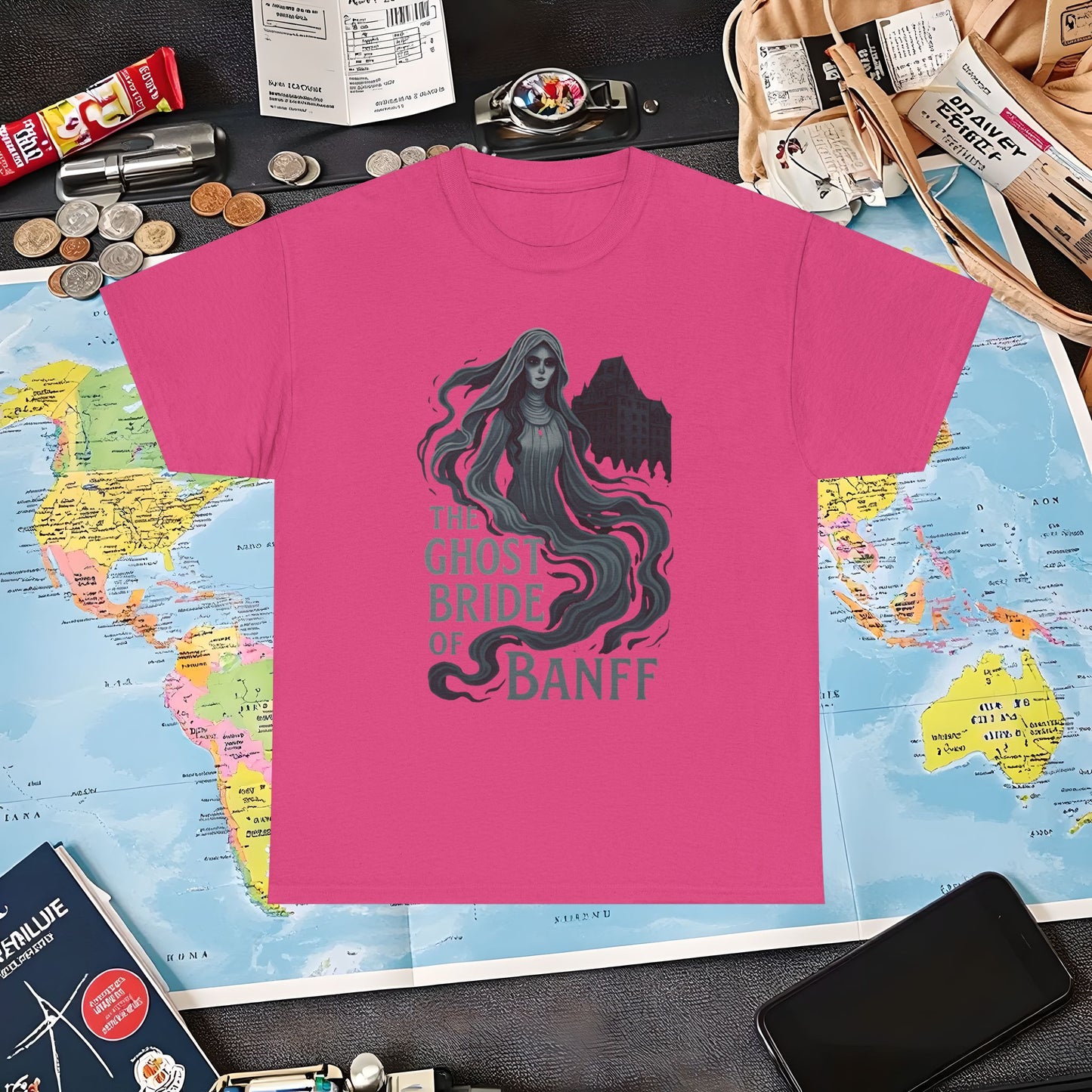 Ghostly Bride at Banff Springs Hotel Shirt – Haunted Canadian Hotel Dark Tourism Tee | Layover Club Air Travel T-Shirts | Jetsetter, Airport, and International Flight Tees