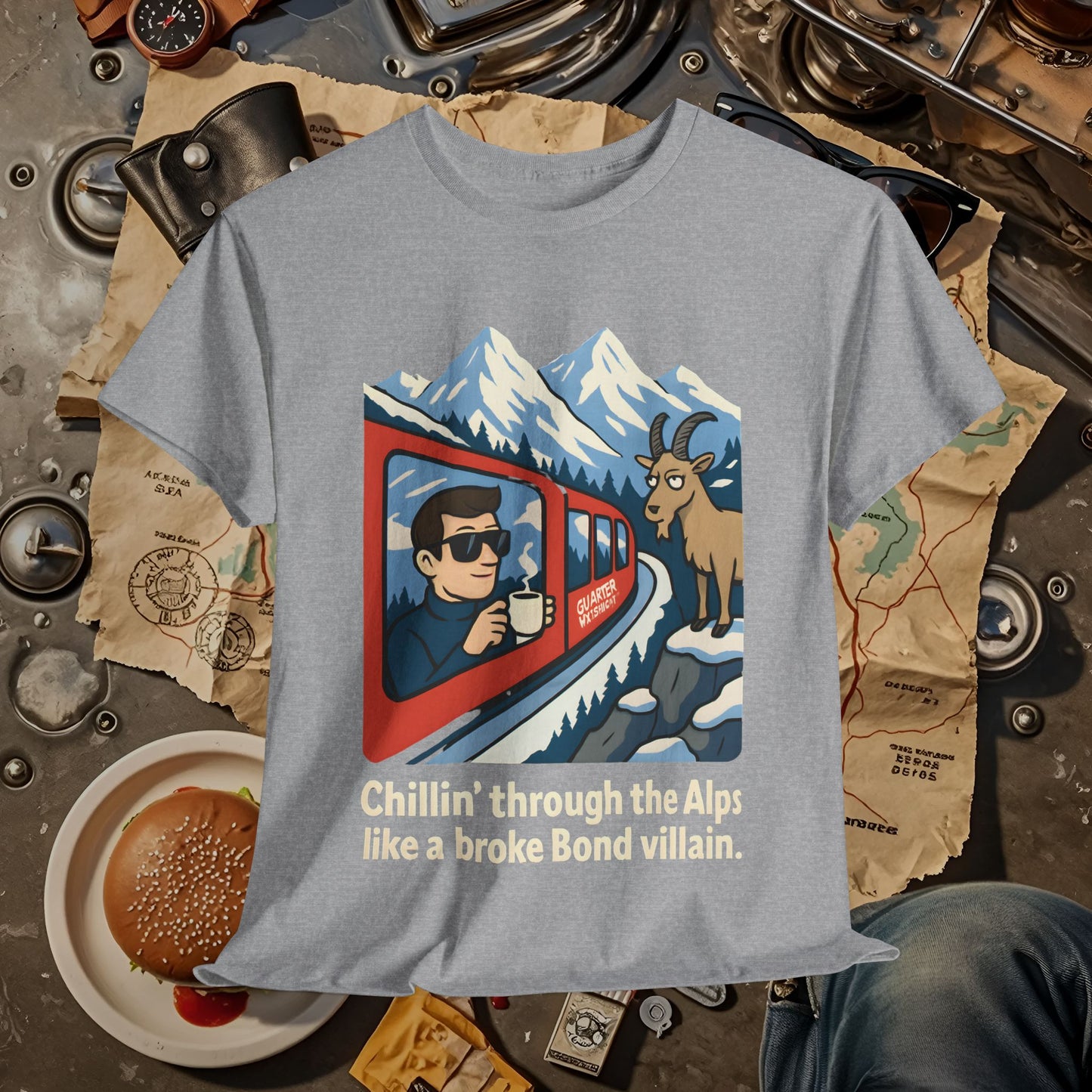 Glacier Express Chill Tee – Skeptical Goat in the Alps Vibe Road Trip & Vehicle Travel T-Shirts | Car, RV, and Motorcycle Adventure Tees